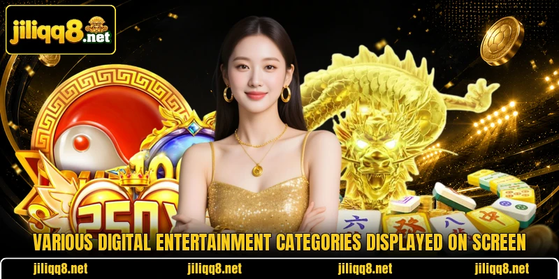 Various digital entertainment categories displayed on screen